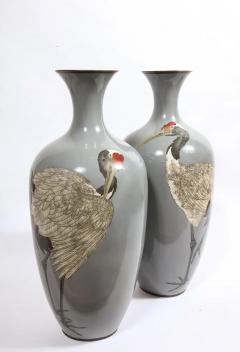 Large Pair of Japanese Meiji Period Cloisonne Enamel Vases with Cranes - 2458283