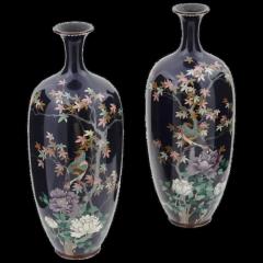 Large Pair of Meiji Japanese Cloisonne Enamel Vase of Birds in a Garden - 3901845