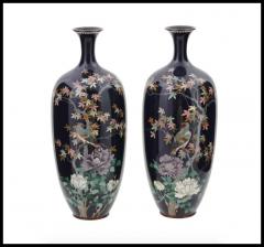 Large Pair of Meiji Japanese Cloisonne Enamel Vase of Birds in a Garden - 3901846