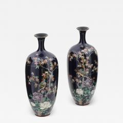 Large Pair of Meiji Japanese Cloisonne Enamel Vase of Birds in a Garden - 3912780