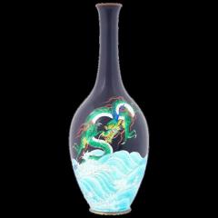 Large Rare Japanese Cloisonne Meiji Period Green Dragon Swimming Over The Sea - 3903968