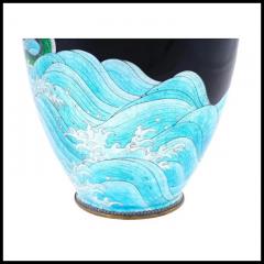 Large Rare Japanese Cloisonne Meiji Period Green Dragon Swimming Over The Sea - 3903993