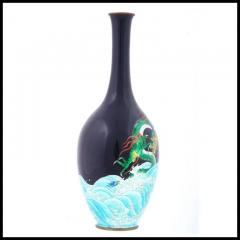 Large Rare Japanese Cloisonne Meiji Period Green Dragon Swimming Over The Sea - 3904020