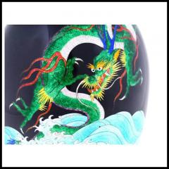 Large Rare Japanese Cloisonne Meiji Period Green Dragon Swimming Over The Sea - 3904080