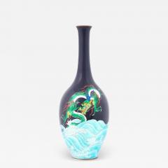 Large Rare Japanese Cloisonne Meiji Period Green Dragon Swimming Over The Sea - 3934291