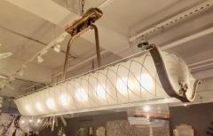 Large Rectangular French Art Deco White and Gold Glass and Brass Chandelier - 783634