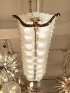 Large Rectangular French Art Deco White and Gold Glass and Brass Chandelier - 783637