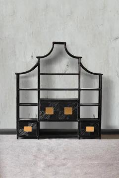 Large Shanghai Bookshelf in Black Lacquered Bamboo and Wicker with Brass Details - 3730319