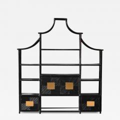 Large Shanghai Bookshelf in Black Lacquered Bamboo and Wicker with Brass Details - 3740231