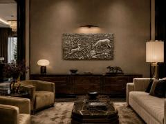 Large Silvered Plaster Wildlife Relief with Deer in a Forest Landscape - 4730936