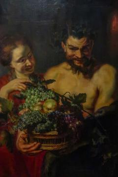 Large Study After Peter Paul Rubens 1597 1640 Satyr Maid w Fruit 19thc - 2327958