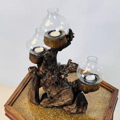 Large Varnished Driftwood and Hurricane Glass Candelabra - 4800488
