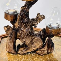 Large Varnished Driftwood and Hurricane Glass Candelabra - 4800489