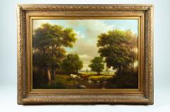 Large Vintage Gilded Wood Framed Pastoral Landscape Oil Painting - 555625