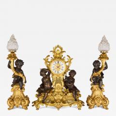 Large antique French Louis XV style patinated and gilt bronze clock set - 4026150