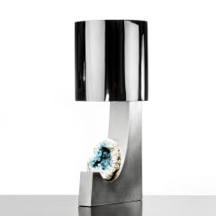 Large brushed and polished steel table lamp with celestite mineral detail  - 2066504