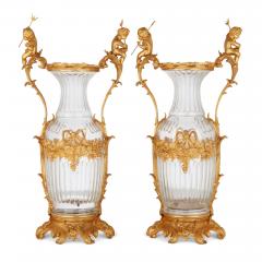 Large pair of French Rococo style ormolu mounted cut glass vases - 3596824