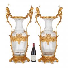 Large pair of French Rococo style ormolu mounted cut glass vases - 3596835