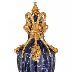 Large pair of Rococo style gilt bronze and blue ceramic vases - 3782285