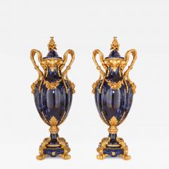 Large pair of Rococo style gilt bronze and blue ceramic vases - 3783520