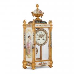 Large three piece porcelain champlev enamel and ormolu mounted clock set - 3122367