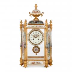 Large three piece porcelain champlev enamel and ormolu mounted clock set - 3122369