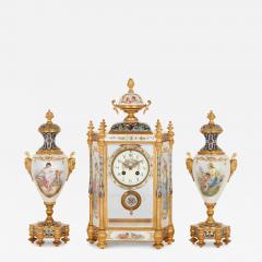 Large three piece porcelain champlev enamel and ormolu mounted clock set - 3124516