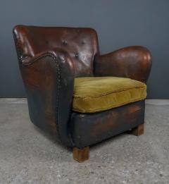 Late 1930s Danish Leather Club Chair w Velvet Cushion - 2325934