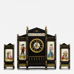Late 19th Century Antique French Black Marble Hand Painted Clock Garniture Set - 4708314