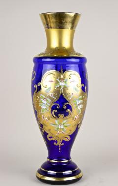 Late 19th Century Gilt Blue Glass Vase With Enamel Paintings CZ ca 1890 - 4801499