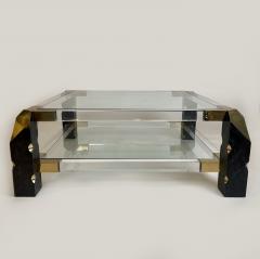 Late 20th Century French Lucite Brass Squared Coffee Table w Double Glass Top - 2309905