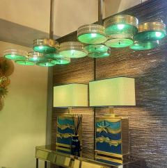 Late 20th Century Italian Brass Iron w Green Murano Art Glass Long Chandelier - 2617006