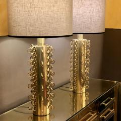 Late 20th Century Italian Brass Ringed Table Lamps with Grey Linen Shades Pair - 1658643