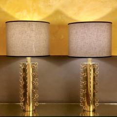 Late 20th Century Italian Brass Ringed Table Lamps with Grey Linen Shades Pair - 1658656