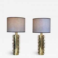 Late 20th Century Italian Brass Ringed Table Lamps with Grey Linen Shades Pair - 1659757