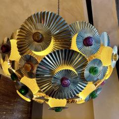 Late 20th Century Italian Pleated Brass Chandelier w Pulegoso Murano Glass Dots - 3314660