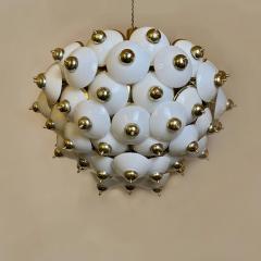 Late 20th Century Large Italian Studded Brass White Opaline Glass Chandelier - 1945227