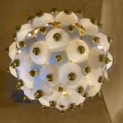 Late 20th Century Large Italian Studded Brass White Opaline Glass Chandelier - 1945231