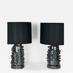 Late 20th Century Pair of Black Iridescent Earthenware Table Lamps w Shades - 2734849