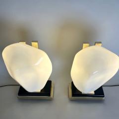 Late 20th Century Pair of Black Iron Brass White Murano Glass Table Lamps - 3413078