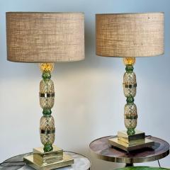 Late 20th Century Pair of Brass Green Glass Pineapple Table Lamps - 2875216