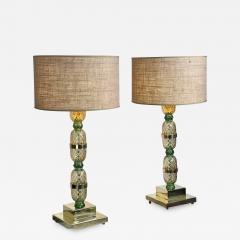 Late 20th Century Pair of Brass Green Glass Pineapple Table Lamps - 2878165