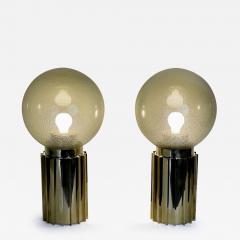 Late 20th Century Pair of Brass Smoked Pulegoso Murano Art Glass Table Lamps - 3423429