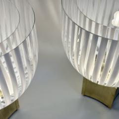 Late 20th Century Pair of Brass Striped White Murano Art Glass Table Lamps - 3431690