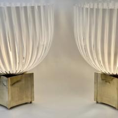 Late 20th Century Pair of Brass Striped White Murano Art Glass Table Lamps - 3431691