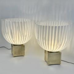 Late 20th Century Pair of Brass Striped White Murano Art Glass Table Lamps - 3431692