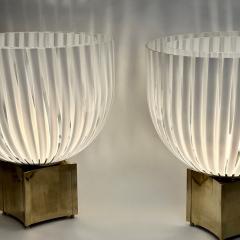 Late 20th Century Pair of Brass Striped White Murano Art Glass Table Lamps - 3431693