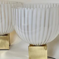 Late 20th Century Pair of Brass Striped White Murano Art Glass Table Lamps - 3431696