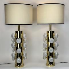 Late 20th Century Pair of Brass White Murano Art Glass Butttons Table Lamps - 3950935