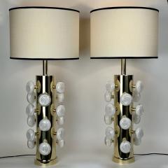 Late 20th Century Pair of Brass White Murano Art Glass Butttons Table Lamps - 3950936